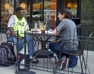 Anthony and Elizabeth meeting at Au Bon Pain to discuss housing options.